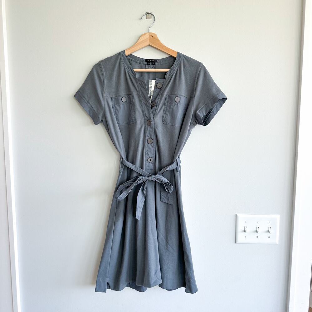 Theory Elisora Tie Waist Crew Neck Short Sleeve Mini Shirt Dress Gray M NWT